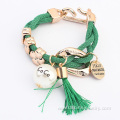 Gold Charm Mesh Rope Wrap Tassel Bracelet With Pearl Pendant